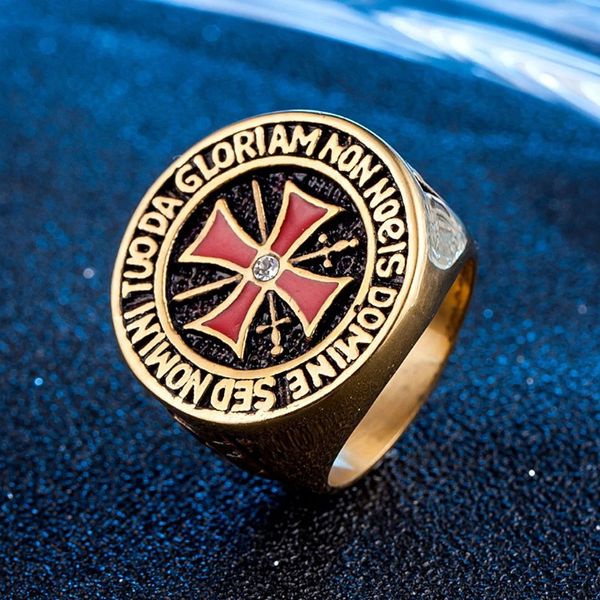 Metal pesado Crusader Red Cross Ring Men Boys Gold/Silver Color 14K Gold Knight Templars Anillo Templario Hip Hop Joya de moda