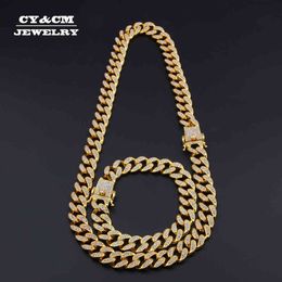 Heavy Miami Cuban Link Chain Bracelet Necklace Set Gold Silver Plated Gargantilla Hombres Hip hop Full Rhinestones Mujeres Punk Collares X0509
