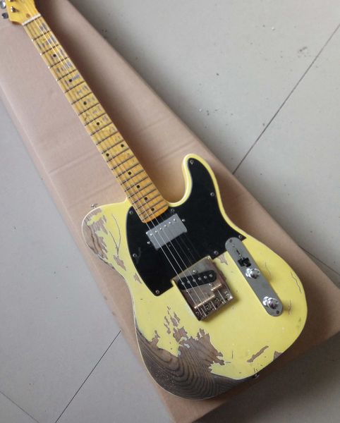 Heavy Relic Cream Butterscoth Blonde Tele Guitare électrique Corps en bois de frêne, touche en érable, 3 ponts de selle en laiton, micros Humbucker