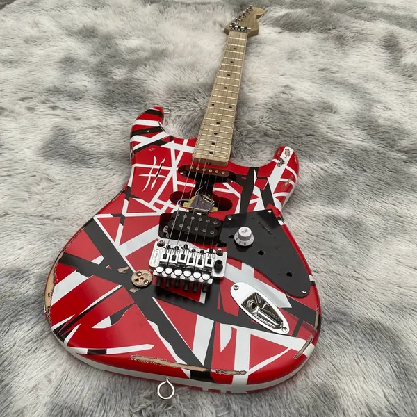 Heavy Relic Eddie Edward Van Halen Red Franken Stein ST Guitare électrique à rayures noires et blanches, Floyd Rose Tremolo Bridge Whammy Bar, corps de basse, manche en érable