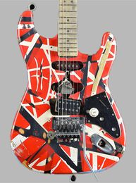 Heavy Relic Edward Van Halen Franken Stein Guitarra eléctrica Blanco Raya negra Roja, Tuerca de bloqueo del puente Floyd Rose Tremolo, Botón de correa especial