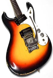 Hourde Relic Mosrite Ventures 3 Tone Sunburst Guitare électrique Bigs Tremolo Bridge Black P90 Pickups Little Dot Incrup Chrome Hard6740063