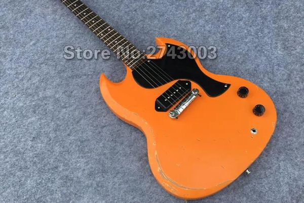 Guitare électrique Heavy Relic SG Junior, couleur Orange, pick-up P90, matériel chromé, livraison gratuite, boutique personnalisée, guitare âgée