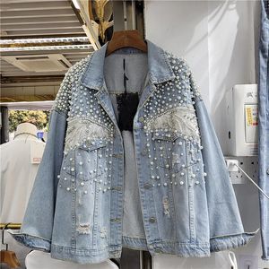 Trabajo pesado Perla Diamantes Chaqueta de mezclilla Mujeres Suelta Corta Vaquero Prendas de abrigo Vintage Agujeros azules Bolsillo grande Jeans Chaqueta Abrigo Mujer 240109