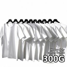 Zwaargewicht Ondoordringbare 300g Carb Matte Pure Cott Dikke Korte Mouwen T-shirt Mannen en Vrouwen Zuiver Wit Eenvoudige Basis Shirt 66ep #