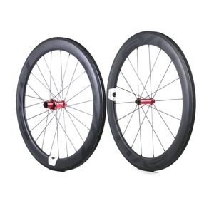 Roues de vélo de route EVO Carbon 60 mm de profondeur 25 mm de largeur CLINCHER CARBONE EN FULL / Wheels Tubulaire avec des hubs à traction droite Logo personnalisable