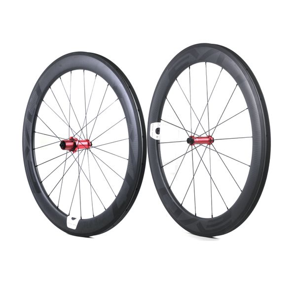 Ruedas de bicicleta de carretera de carbono EVO 60 mm de profundidad 25 mm de ancho completo de carbono clincher / juego de ruedas tubulares con bujes de tracción recta LOGOTIPO personalizable