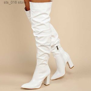 Heel Fashion Women Leer over de faux knie dij high laarzen puntige teen vrouw winter herfst schoenen T230824 520