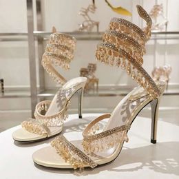 Heel Rene Caovilla Araña De Cristal Sandalias De Tacón Alto Estilo De Hadas De Las Mujeres Diamante De Lujo Serpentina Envuelto Tacones Altos Romanos 10 Cm Zapato De Vestir De Banquete De Diseñador