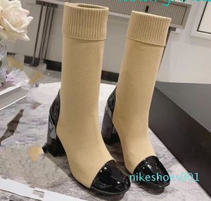 Bottines à talons pour femmes, chaussures à enfiler au mollet, bottes de luxe de styliste, à la mode, taille noire