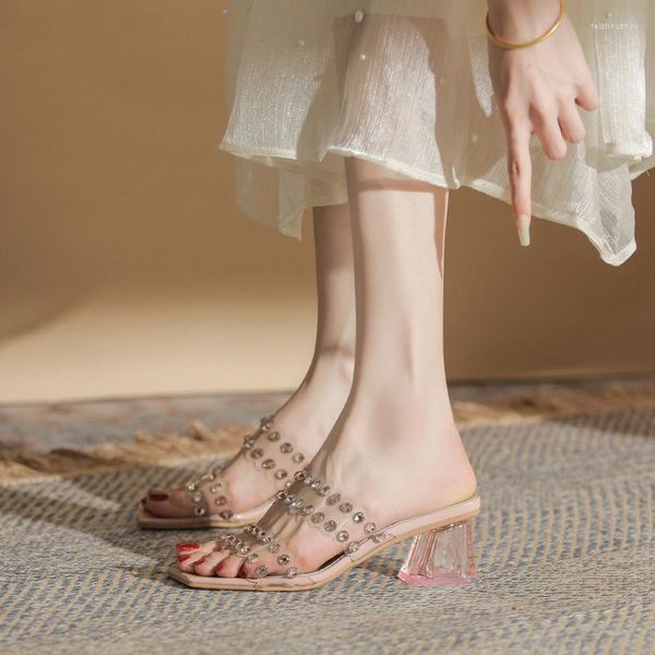 Sandales à talons pantoufles haut avec des ongles de saule et des talons épais en cristal 2023 Chaussures confortables d'été pour les femmes 8813