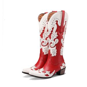 Hakken westerse bonjomarisa knie dames 608 hoge laarzen puntige teen slip-on gemengde kleur cowboy cowgirl herfst lady schoenen merk 230807 979