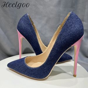 Heelgoo Denim bleu femmes bout pointu chaussures à talons hauts Sexy dames sans lacet pompes à aiguilles pour robe en jean jean 12 cm 10 cm 8 cm 240106