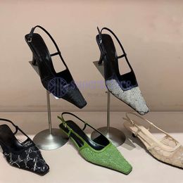 Tacones Zapatos de vestir Diseñadores Sandalia Cuero de vaca Sexy Versátil Crystal Rhinestone Slingbacks 7.5 cm Sandalias de tacón alto Elegante Tacón de gato para mujer 35-42