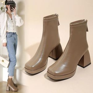 Tacones de moda Mujeres gruesas High for Boots Plataforma de tobillo Stretch Fabric Square Toe White Sole Young Lady Booties 2024 276 Platm 937 94529