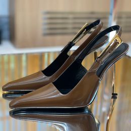 talons sandales femmes designers chaussures en cuir verni talon en métal Slingback talon aiguille chaussures habillées en cuir véritable à la mode 10 cm boucle cheville chaussures de soirée