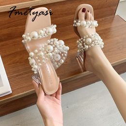 Tacones Mujer 2022 Tacones Gruesos Goma A Prueba De Golpes Perla Primavera Verano Tacones Transparentes Sandalias Suela Resistente Punta Abierta Cuadrada