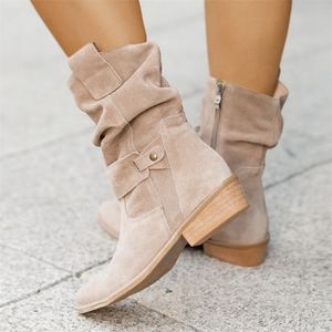 Tacones mujeres más tobillo tamaño redondo zapatos casuales de invierno falsas de gamuza botas bajas a
