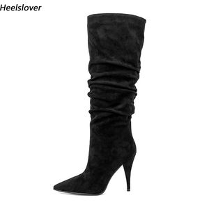 Heelslover fait à la main femmes hiver bottes au genou Faux daim talons pointus élégant noir chaussures de fête dames taille américaine 5-13