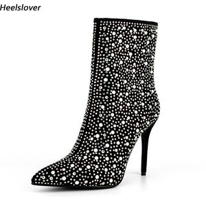 Heellover Hoge kwaliteit Dames Winter enkelschoenen Rhinestone Sexy Stiletto Heels Pointed Teen Black Party Shoes Us PLUS MAAT 5-13