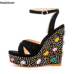 Heelslover nouveauté femmes d'été sandales strass talons compensés bout ouvert jolies chaussures de fête noires dames taille américaine 5-13