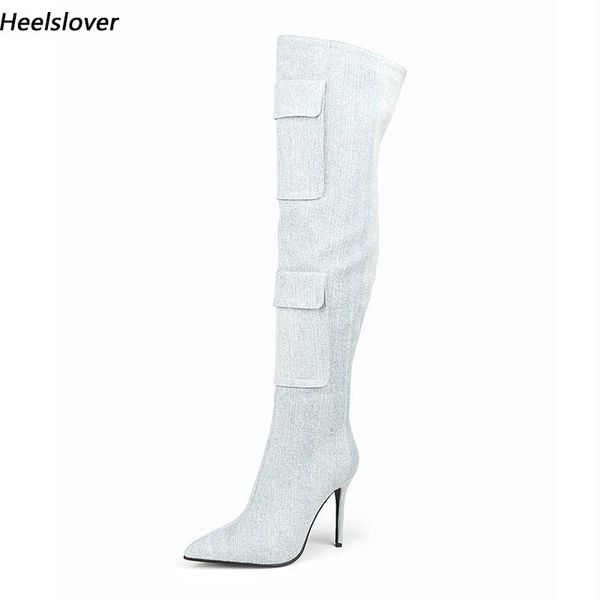 Heelslover, recién llegado, botas largas de invierno para mujer, tacones de aguja sexis, punta estrecha, hermosos zapatos de fiesta azul claro, tallas de EE. UU. 5-15