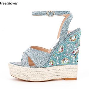 Heelslover nouvelle mode femmes sandales d'été talons compensés bout ouvert joli bleu chaussures de fête dames taille américaine 5-13