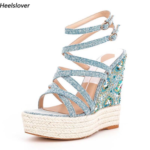 Heelslover, nuevas sandalias de verano a la moda para mujer, cuñas caladas, tacones con punta abierta, bonitos zapatos de fiesta azul claro, talla estadounidense 5-13