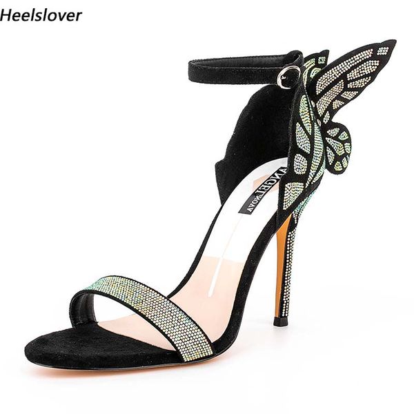 Heelslover, nuevas sandalias de verano a la moda para mujer, tacones de aguja sexis con mariposas, zapatos de fiesta negros bonitos con punta abierta para mujer, tallas de EE. UU. 5-13