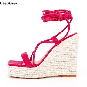 Heellover dames zomer gladiator sandalen wiggen hakken vierkante teen mooie oranje fuchsia casual schoenen dames ons maat 5-13