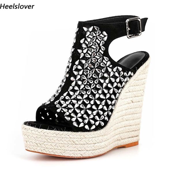 Heelslover, sandalias de verano para mujer, tacones de cuña sexis con diamantes de imitación, punta redonda, bonitos zapatos negros para banquetes, tallas de EE. UU., 5-13