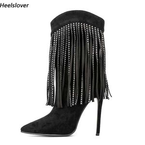 Heelslover femmes hiver glands mi-mollet bottes talons fins bout pointu belles chaussures de Club noir Fuchsia dames taille américaine 5-13