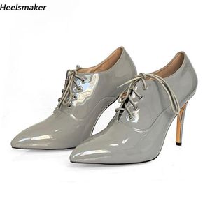 Talons à la main les femmes à la main pompes en cuir breveté lacet up pointu pointues fabuleux chaussures de fête gris dames nous taille 5156004164