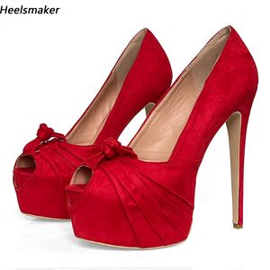 Heelsmaker nouveauté femmes pompes daim sans lacet Peep orteil Sexy talons aiguilles rouge fête chaussures dames US grande taille 5-20