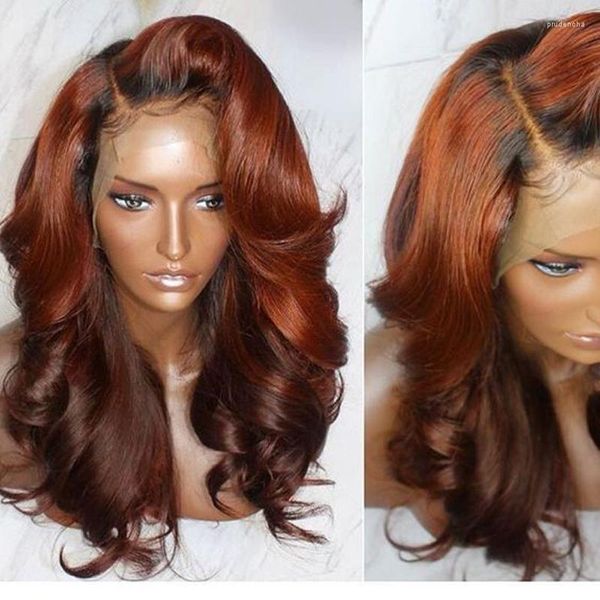 Heighlight Orange rouge faux cuir chevelu partie latérale dentelle avant perruque de cheveux humains vague profonde Remy pré plumé 13 4