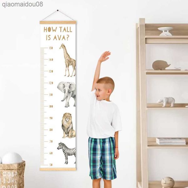 Cuadro de altura, pósteres de animales salvajes con nombre personalizado, pintura en lienzo con colgador magnético, marco de madera, imagen artística para pared, decoración para dormitorio de niños L230704