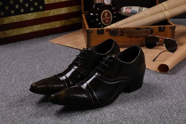 2018 Hauteur Augmentée Bronze Homme Chaussures Habillées À Lacets Ponited Toe mans chaussures en cuir chaussures de mariage d'affaires décontractées, Grande taille 45 46