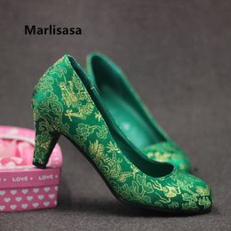 Hoogte toenemende schoenen Marlisasa vrouwen schattig lichtgewicht groen bloemen patroon slip op hoge hakpompen dames casual bruiloft rood borduurwerk h5519 230508