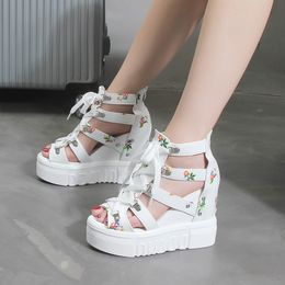 Hauteur augmentant chaussures imprimement lointain wedge's Summer Shoe Sandals Platform Shoelaces High Heels Casual Woman 230508