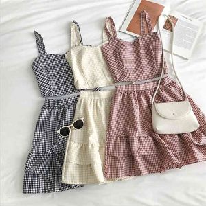 HELIAR Ensembles Femmes Deux Pièces Ensembles Élastique Spaghetti Plaid Tops Et Volants Jupes Tenues Femme D'été Mignon Ensembles Pour Femmes 210730