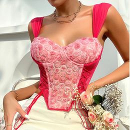Heliar dames y2k crop top floral roze zoete veter omhoog sexy tank streetwear backless patchwork camis lente zomer 240407