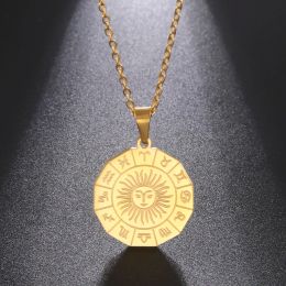 Helios 12 Constellation 14k Geel Gouden Kettingen Voor Mannen Vrouwen Astrologie Amulet Hanger Retro Ketting Charms Sieraden Verjaardagscadeautjes