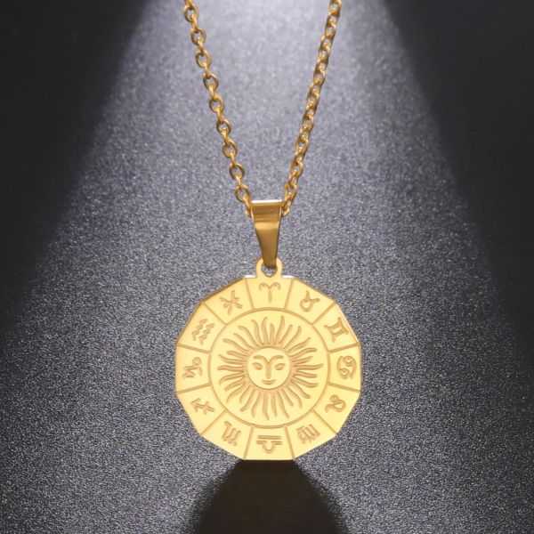 Helios 12 Constellation 14k Colliers en or jaune pour hommes femmes Astrologie Amulette Pendentif Rétro Collier Charms Bijoux Cadeaux d'anniversaire