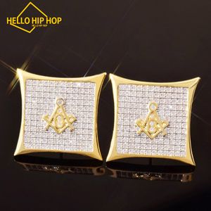 Bonjour Hip Hop 15 mm Freemasonry Earge Brack Back Iced Out Cumbic Zirconia Men Femmes carré Stude Boucle d'oreille Hip Hop Bijoux meilleur cadeau