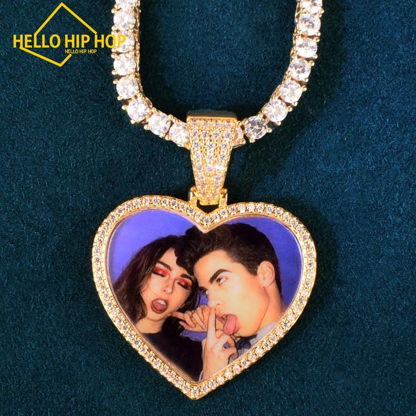 Bonjour hip-hop coeur personnalisé Love Shape Photo Collier Collier Collier Médaillons Pendant Solid Back One Row Zircon For Men Women Hip Hop Bijoux