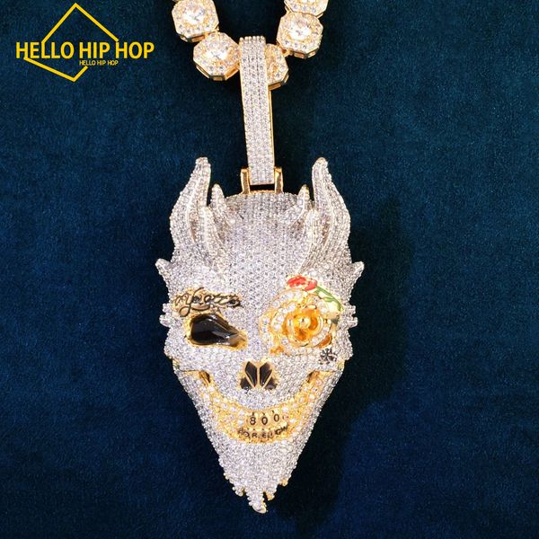 Collar con colgante de cabeza de calavera y ojo de rosa de Hello hip-hop, cadena para hombres, circonita cúbica, estilo rapero Hip Hop Rock, joyería