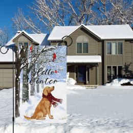 Hello Winter Dog Garden Flag 12x18 Burlap Farmhouse à double facette Small Golden Cardinal Retriever Garden Yard Flags pour l'hiver