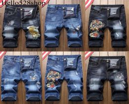 Hello528shop Short en jean décontracté pour hommes été Vintage broderie mince droit longueur au genou pantalon déchiré28201973212210