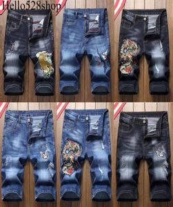 Hello528shop Short en jean décontracté pour hommes été Vintage broderie mince droit longueur au genou pantalon déchiré28201971791171