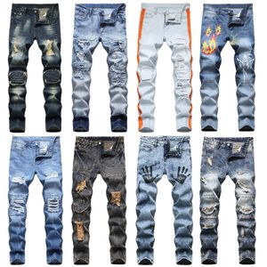 Klassieke Retro Mens Designer Jeans Broek Long - Distressed Gat Printed Rechte Rechte Rip Denim Broeken Mannen Homme